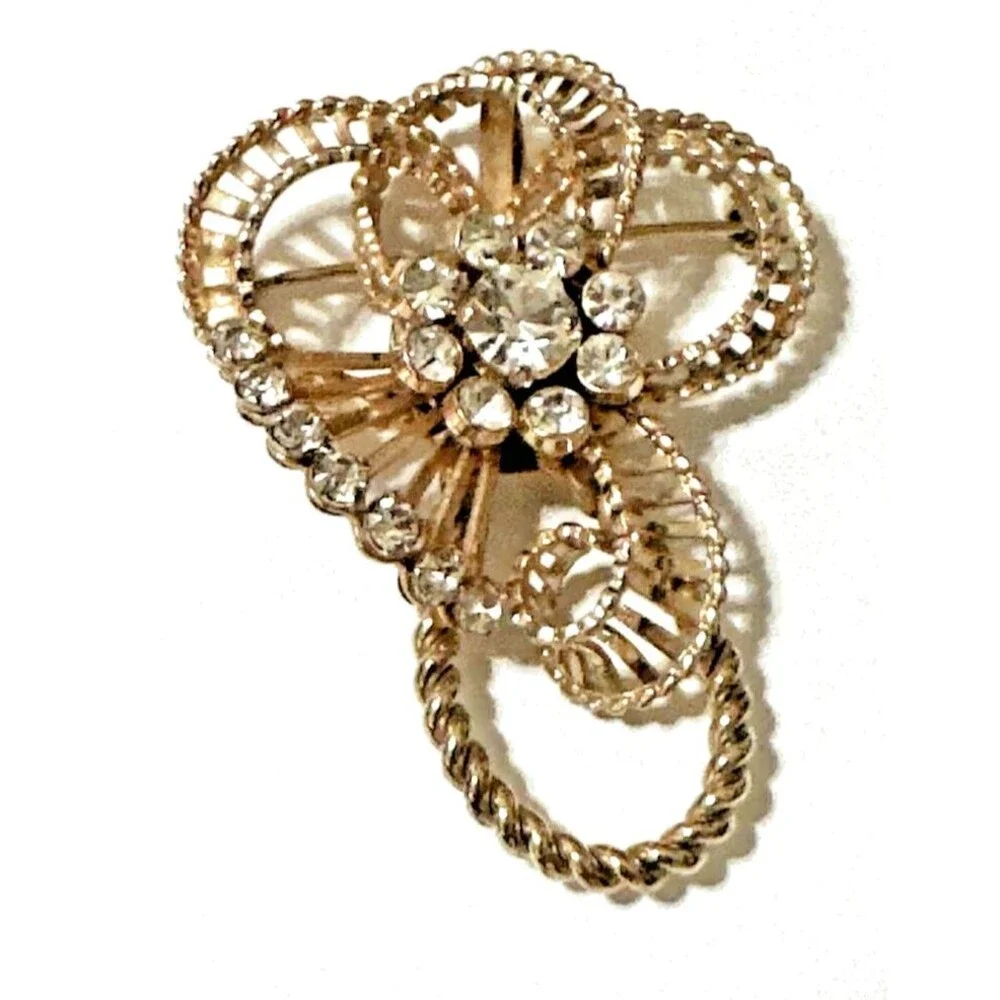 Vintage Gold Tone Ribbon Bow Brooch Crystal Rhinestone Filigree Pin 2